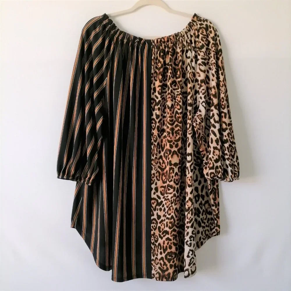 Cato Womens Brown Off The Shoulder Striped Animal Print Blouse Top Size 22W/24W - Picture 4 of 7